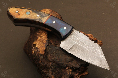 7" Hand Forged Twist Damascus Steel Bowie Knife | Camel Bone & Wood Handle