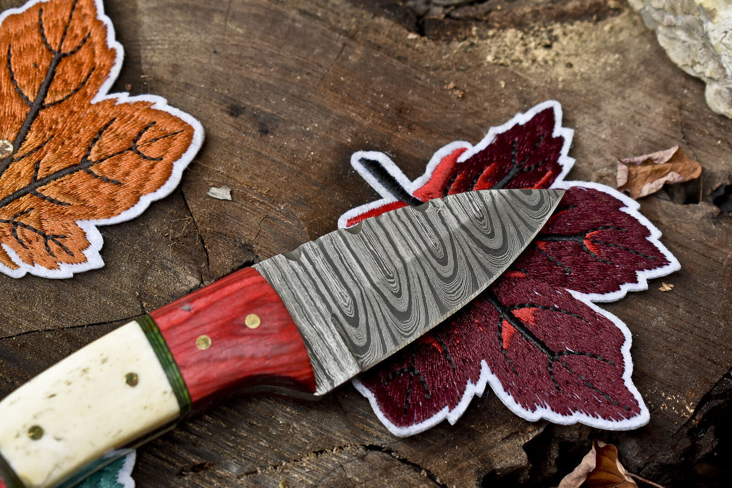 Ladder Damascus Skinner Knife – Bone & Wood Handle with Wooden Bolster and Leather Sheath