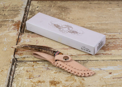 Heritage Forge Damascus Clip Point Knife Stag Antler Handle with Leather Sheath