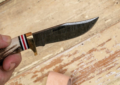 Heritage Forge Damascus Clip Point Knife Stag Antler Handle with Leather Sheath