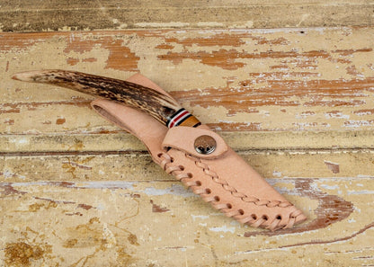 Heritage Forge Damascus Clip Point Knife Stag Antler Handle with Leather Sheath
