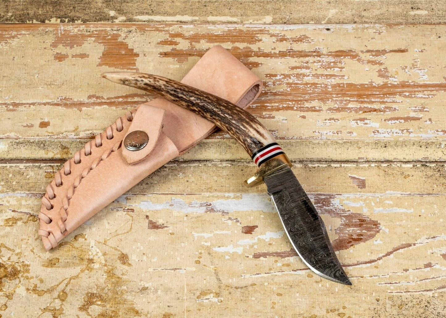 Heritage Forge Damascus Clip Point Knife Stag Antler Handle with Leather Sheath