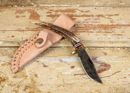 Heritage Forge Damascus Clip Point Knife Stag Antler Handle with Leather Sheath