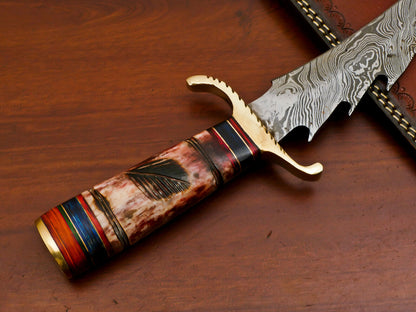 15" Damascus Bowie Knife – Camel Bone & Pakka Wood Handle with Brass Guard