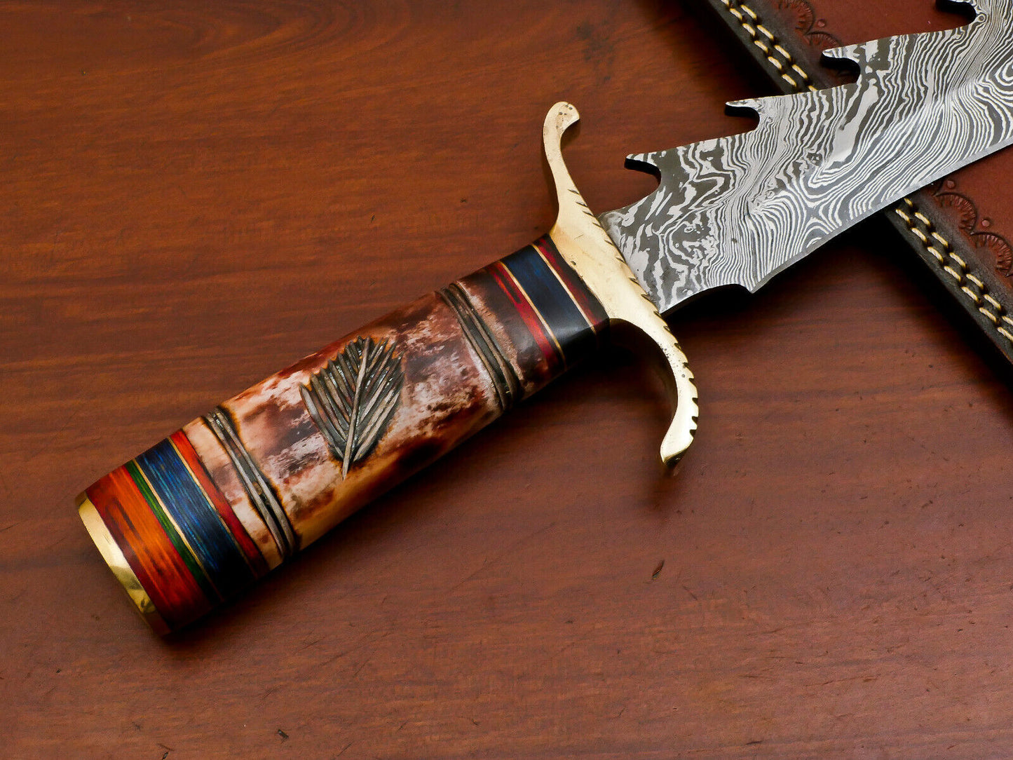 15" Damascus Bowie Knife – Camel Bone & Pakka Wood Handle with Brass Guard
