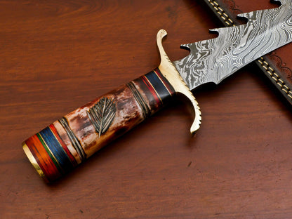 15" Damascus Bowie Knife – Camel Bone & Pakka Wood Handle with Brass Guard