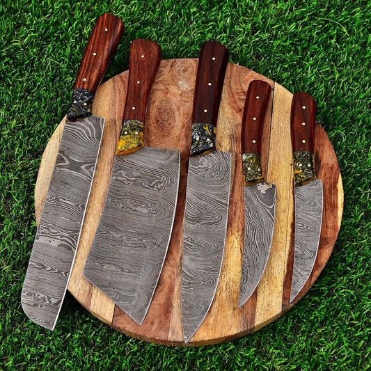 Custom Handmade Damascus Steel Chef Knife Set – 5 Piece Forged Kitchen Knives with Leather Sheath