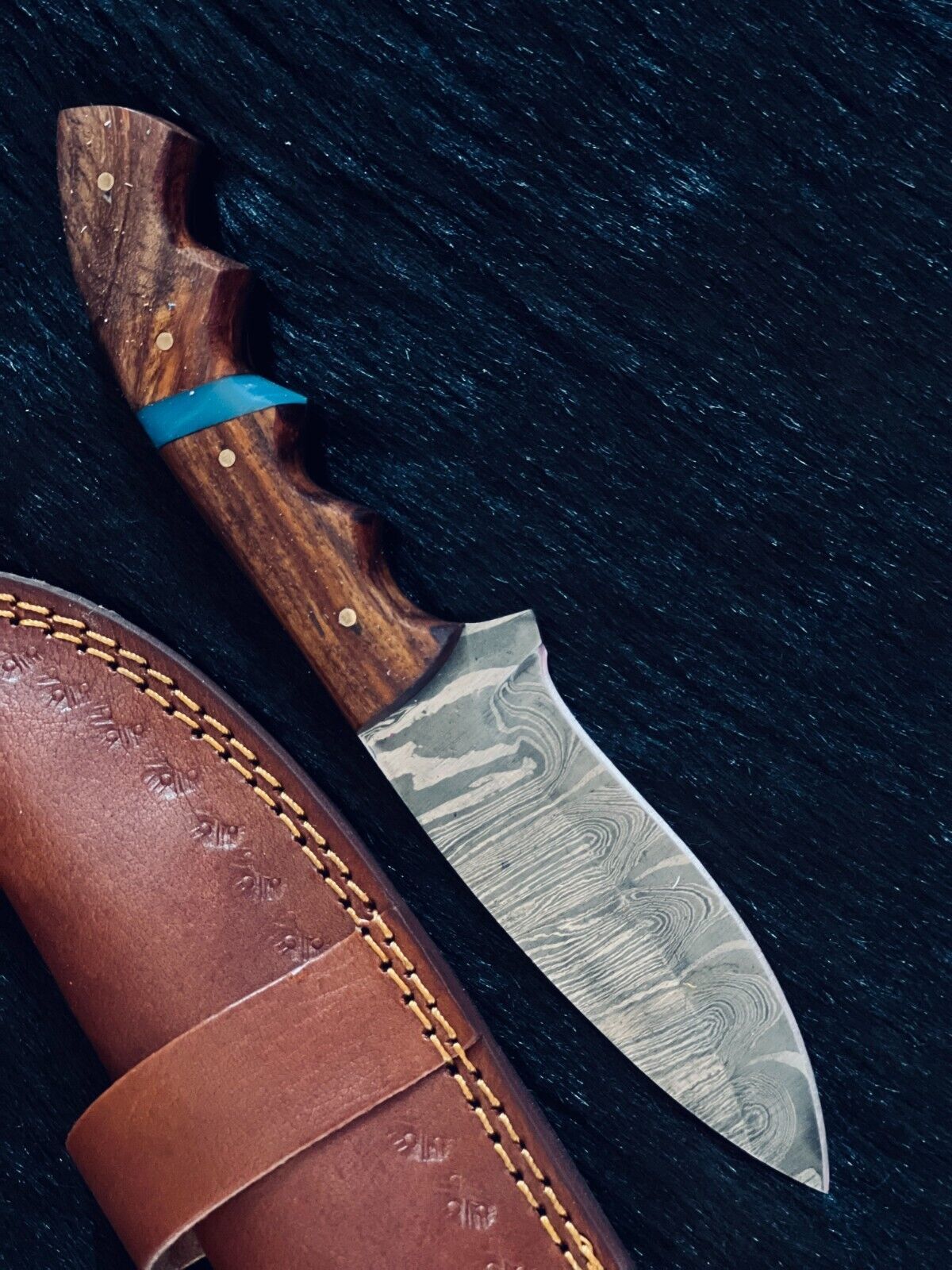 Heritage Forge 9 Inch Ladder Damascus Steel Skinner Knife with Wood Handle