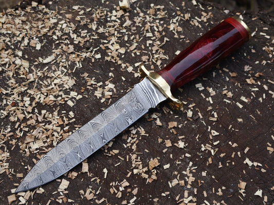 12" Handmade Damascus Steel Dagger Knife with Red Resin Handle & Sheath
