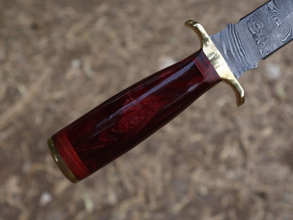 12" Handmade Damascus Steel Dagger Knife with Red Resin Handle & Sheath
