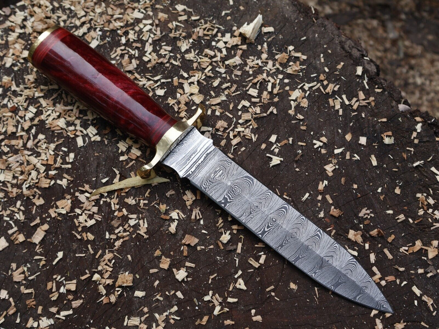 12" Handmade Damascus Steel Dagger Knife with Red Resin Handle & Sheath