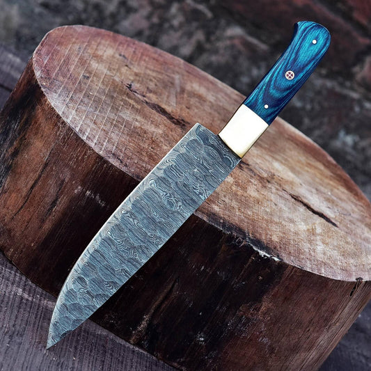 Custom Handmade Damascus Steel Chef Knife with Bull Horn Handle – Full Tang Kitchen & Hunting Knife