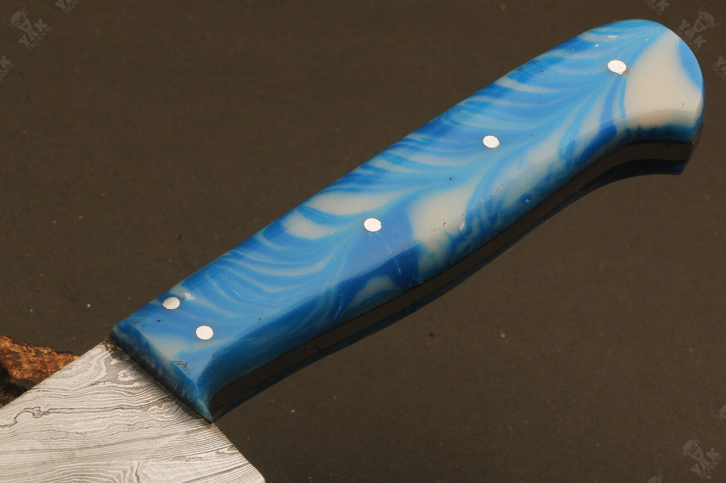 13" Custom Hand Forged Twist Damascus Steel Santoku Knife – Camel Bone & Wood Handle