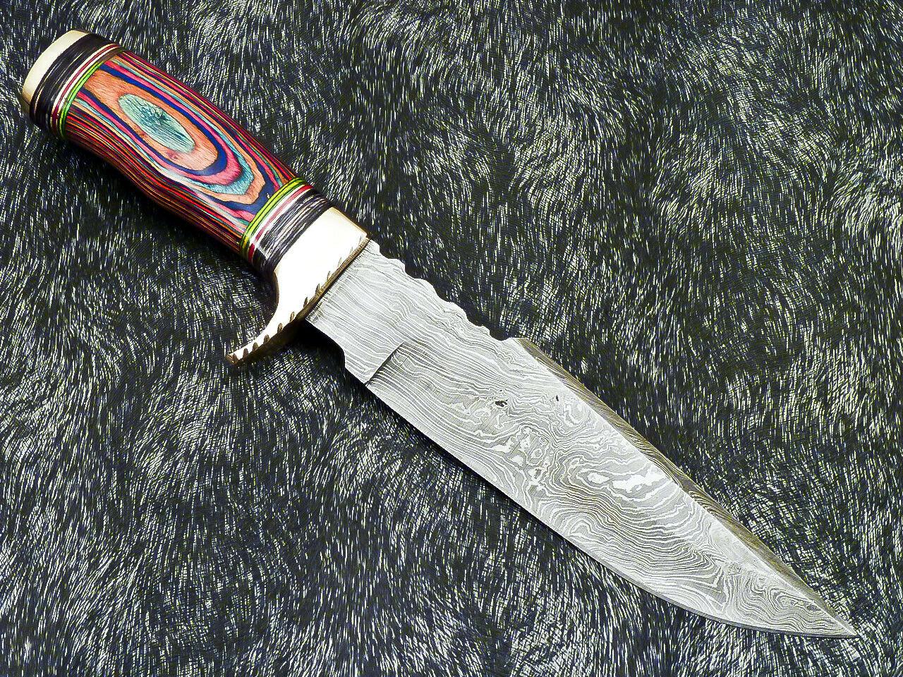 Authentic Hand Forged Damascus 12" Bowie Hunting Knife – Multi-Color Hard Wood Handle