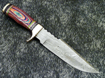 Authentic Hand Forged Damascus 12" Bowie Hunting Knife – Multi-Color Hard Wood Handle