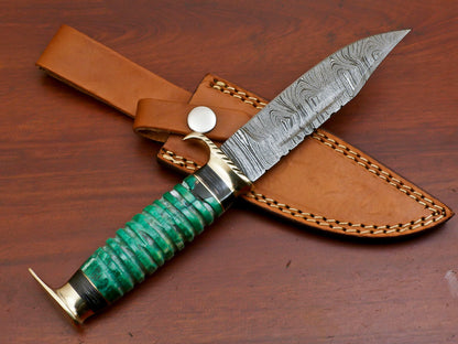 9 Inch Custom Damascus Hunting Knife with Camel Bone and Pakka Wood Handle and Brass Guard
