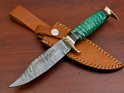 9 Inch Custom Damascus Hunting Knife with Camel Bone and Pakka Wood Handle and Brass Guard