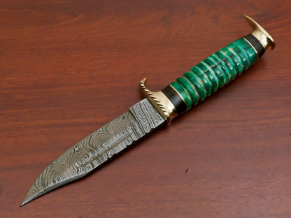 9 Inch Custom Damascus Hunting Knife with Camel Bone and Pakka Wood Handle and Brass Guard