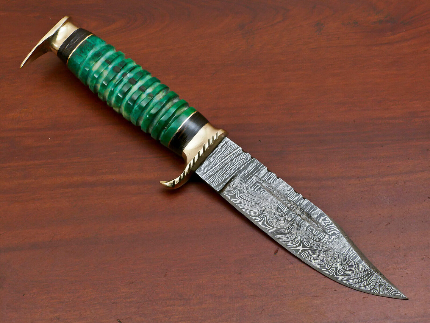 9 Inch Custom Damascus Hunting Knife with Camel Bone and Pakka Wood Handle and Brass Guard