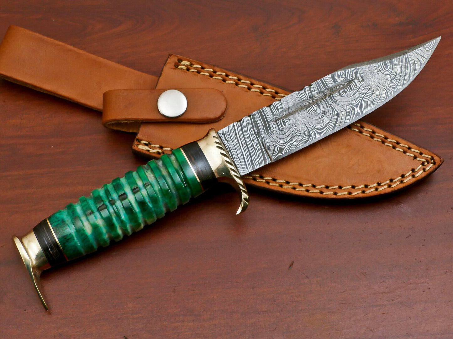 9 Inch Custom Damascus Hunting Knife with Camel Bone and Pakka Wood Handle and Brass Guard