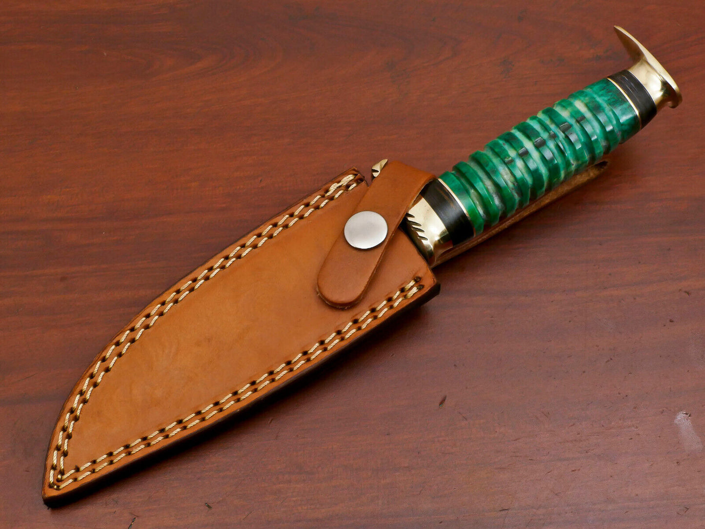 9 Inch Custom Damascus Hunting Knife with Camel Bone and Pakka Wood Handle and Brass Guard