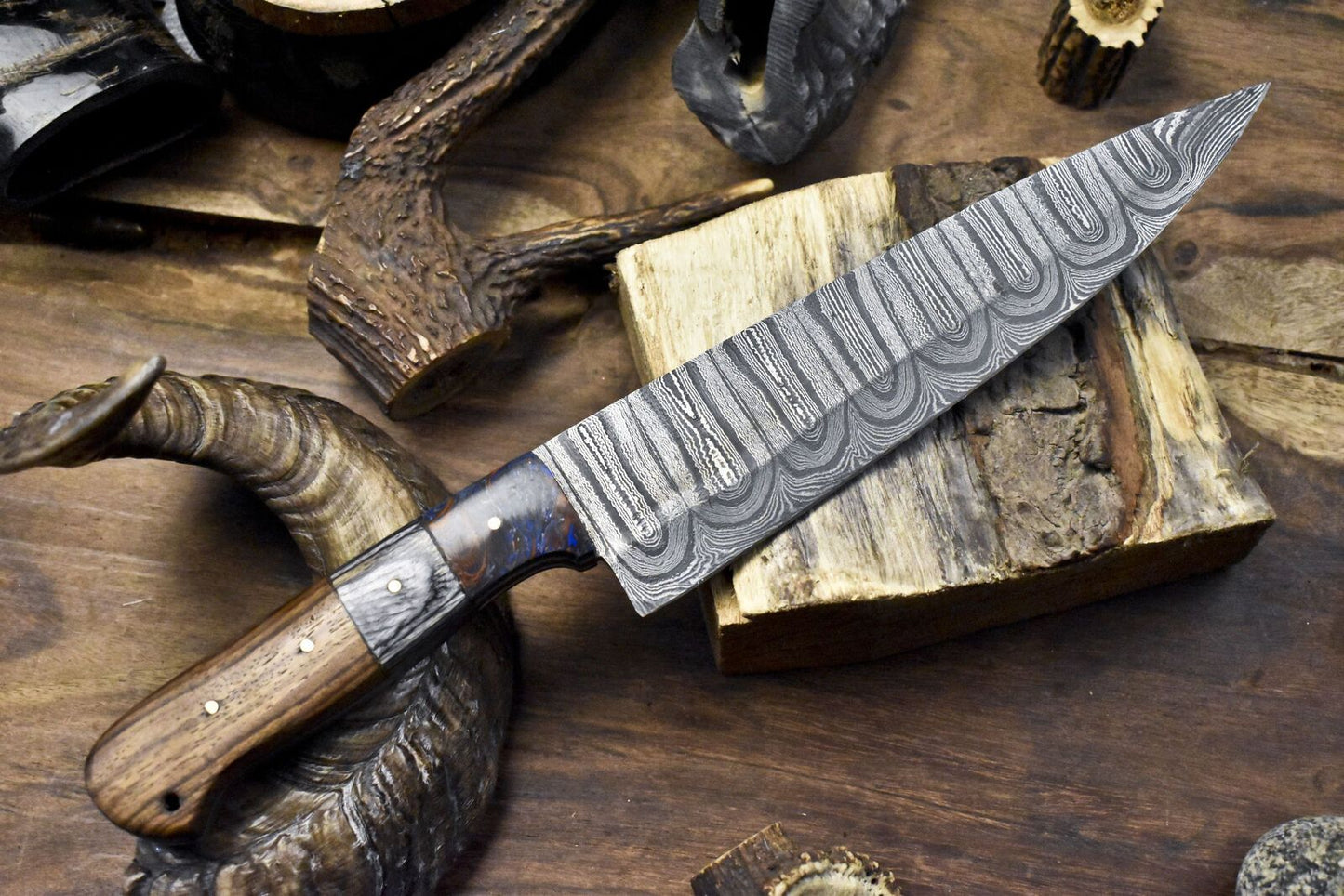 Handmade Twist Damascus Chef Knife with Hardwood Handle & Micarta Bolster – 13" Hunting & Kitchen Knife