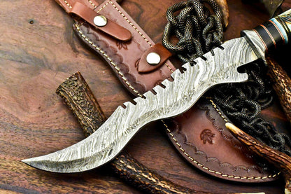 15" Damascus Bowie Knife | Farms Camel Bone Handle