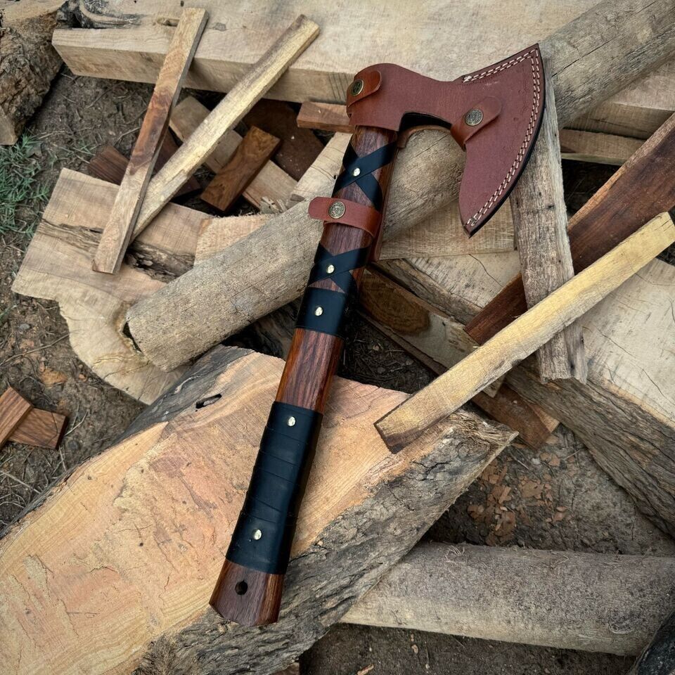 Hand Forged Carbon Steel Tomahawk Hatchet with Wooden Handle and Leather Sheath