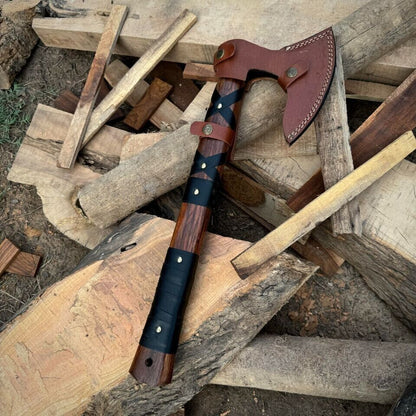 Hand Forged Carbon Steel Tomahawk Hatchet with Wooden Handle and Leather Sheath