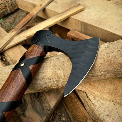 Hand Forged Carbon Steel Tomahawk Hatchet with Wooden Handle and Leather Sheath