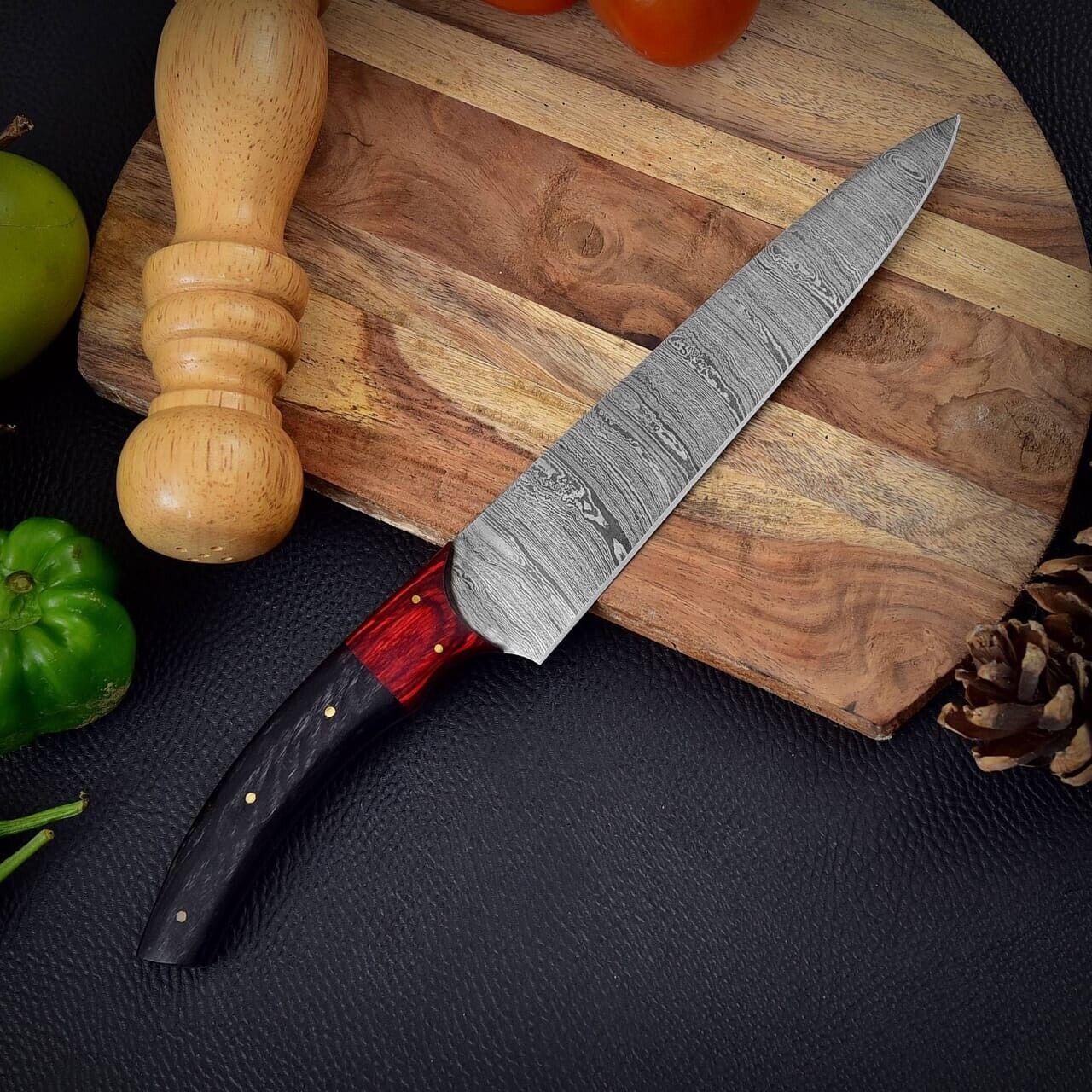 14 Inch Custom Handmade Damascus Steel Chef Kitchen Knife with Leather Sheath