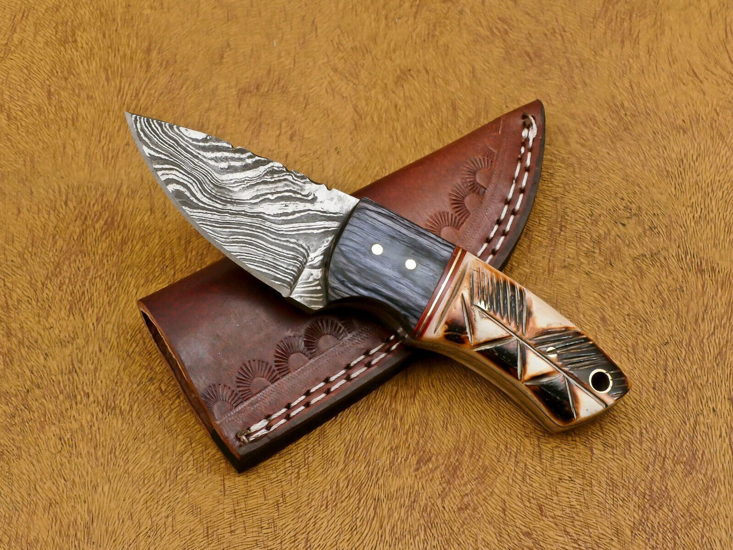 6" Custom Damascus Bowie EDC Knife – Burn Engraved Camel Bone & Wood Handle