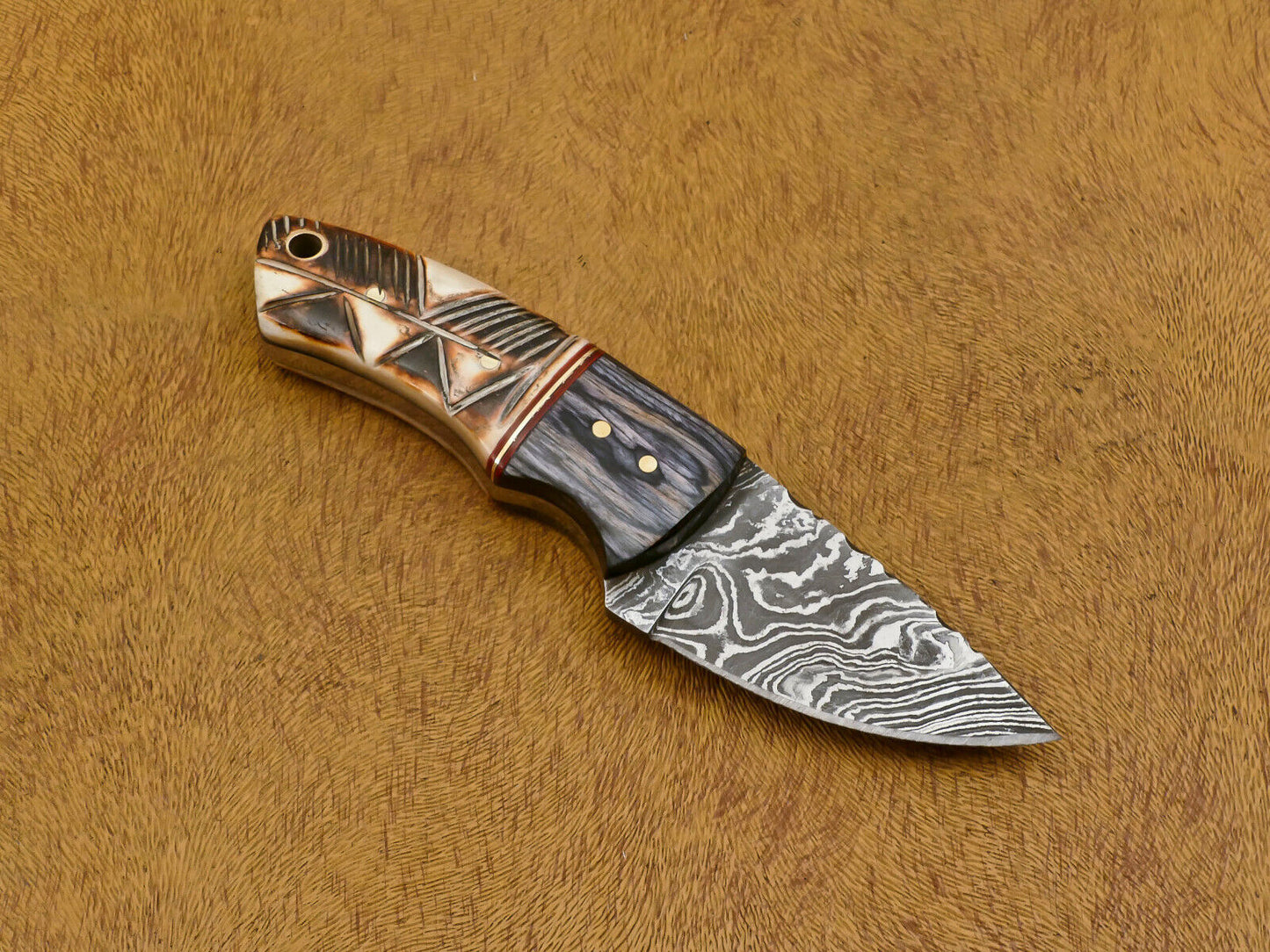 6" Custom Damascus Bowie EDC Knife – Burn Engraved Camel Bone & Wood Handle