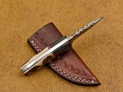 6" Custom Damascus Bowie EDC Knife – Burn Engraved Camel Bone & Wood Handle