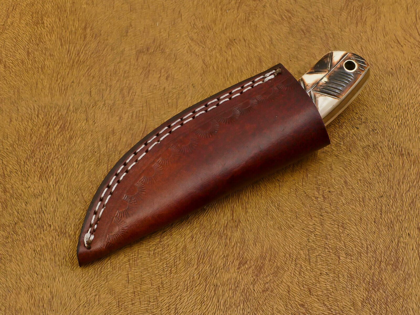 6" Custom Damascus Bowie EDC Knife – Burn Engraved Camel Bone & Wood Handle