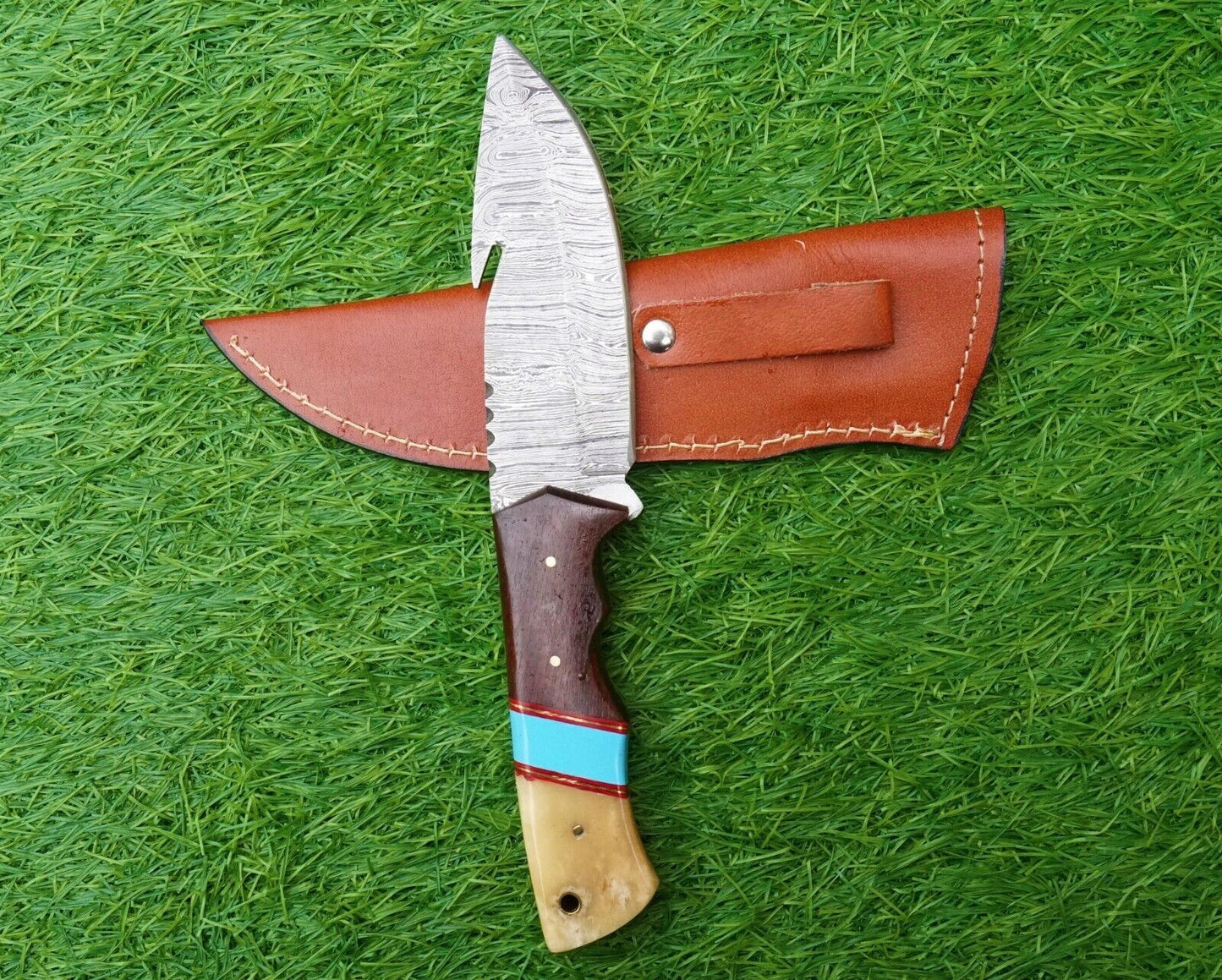 Heritage Forge Damascus Gut Hook Hunting Knife Original Stag Handle Handmade