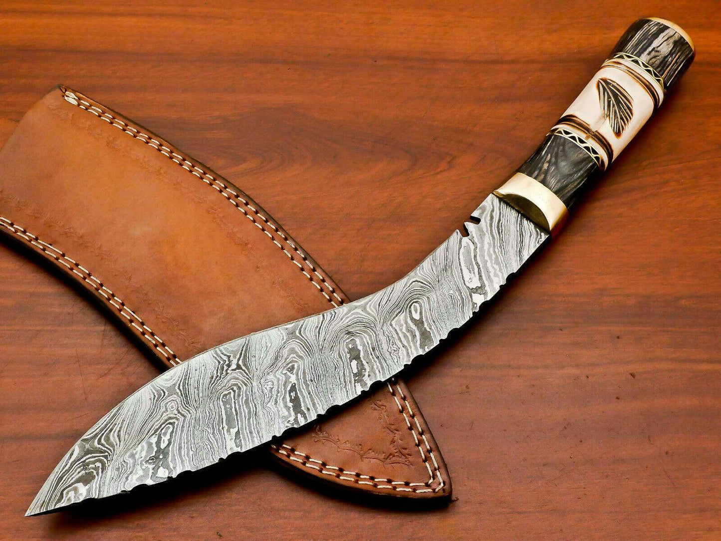 14.5" Handmade Damascus Khukri Bowie Knife | Engraved Camel Bone & Hardwood Handle