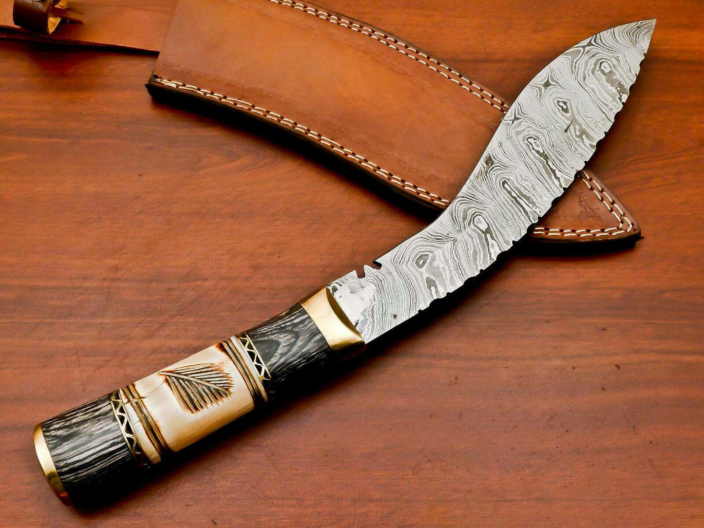 14.5" Handmade Damascus Khukri Bowie Knife | Engraved Camel Bone & Hardwood Handle