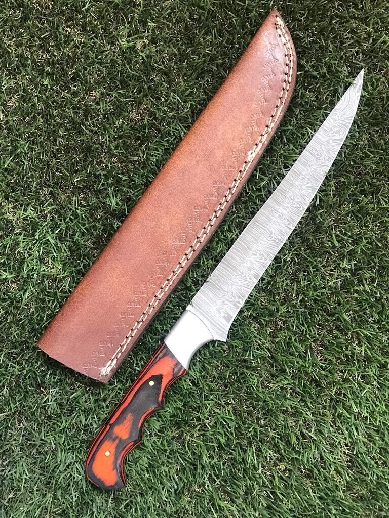 12.5" CUSTOM HANDMADE DAMASCUS STEEL FILLET BRISKET KNIFE Damascus Fillet Knife W/Sheath