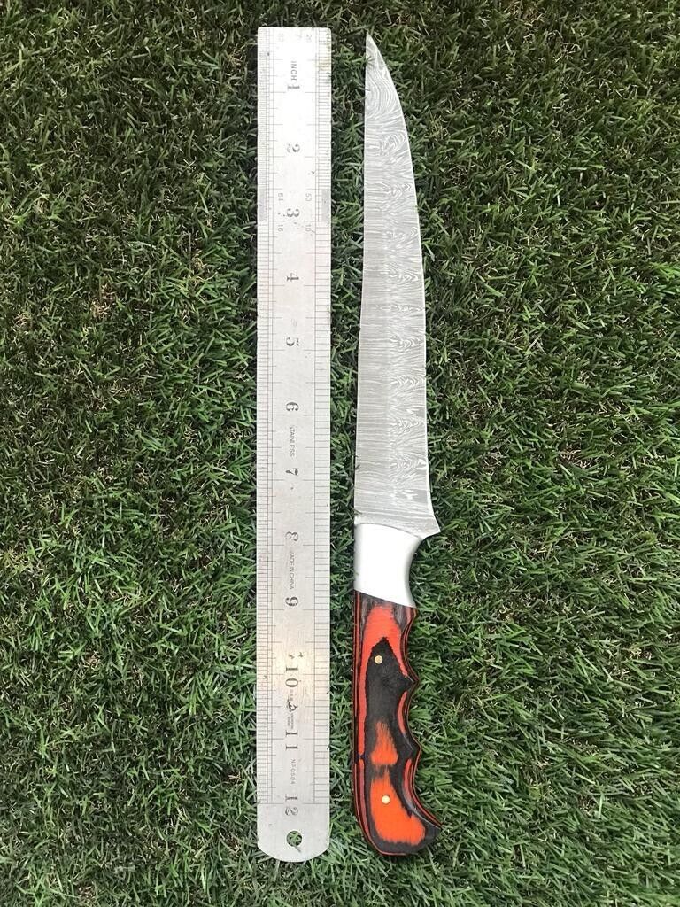 12.5" CUSTOM HANDMADE DAMASCUS STEEL FILLET BRISKET KNIFE Damascus Fillet Knife W/Sheath