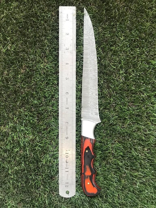 12.5" CUSTOM HANDMADE DAMASCUS STEEL FILLET BRISKET KNIFE Damascus Fillet Knife W/Sheath