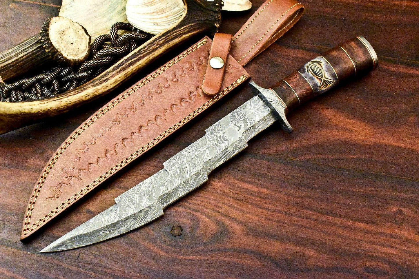 Handmade Damascus Kris Blade Bowie Knife – 15" Camel Bone Handle Hunting Knife