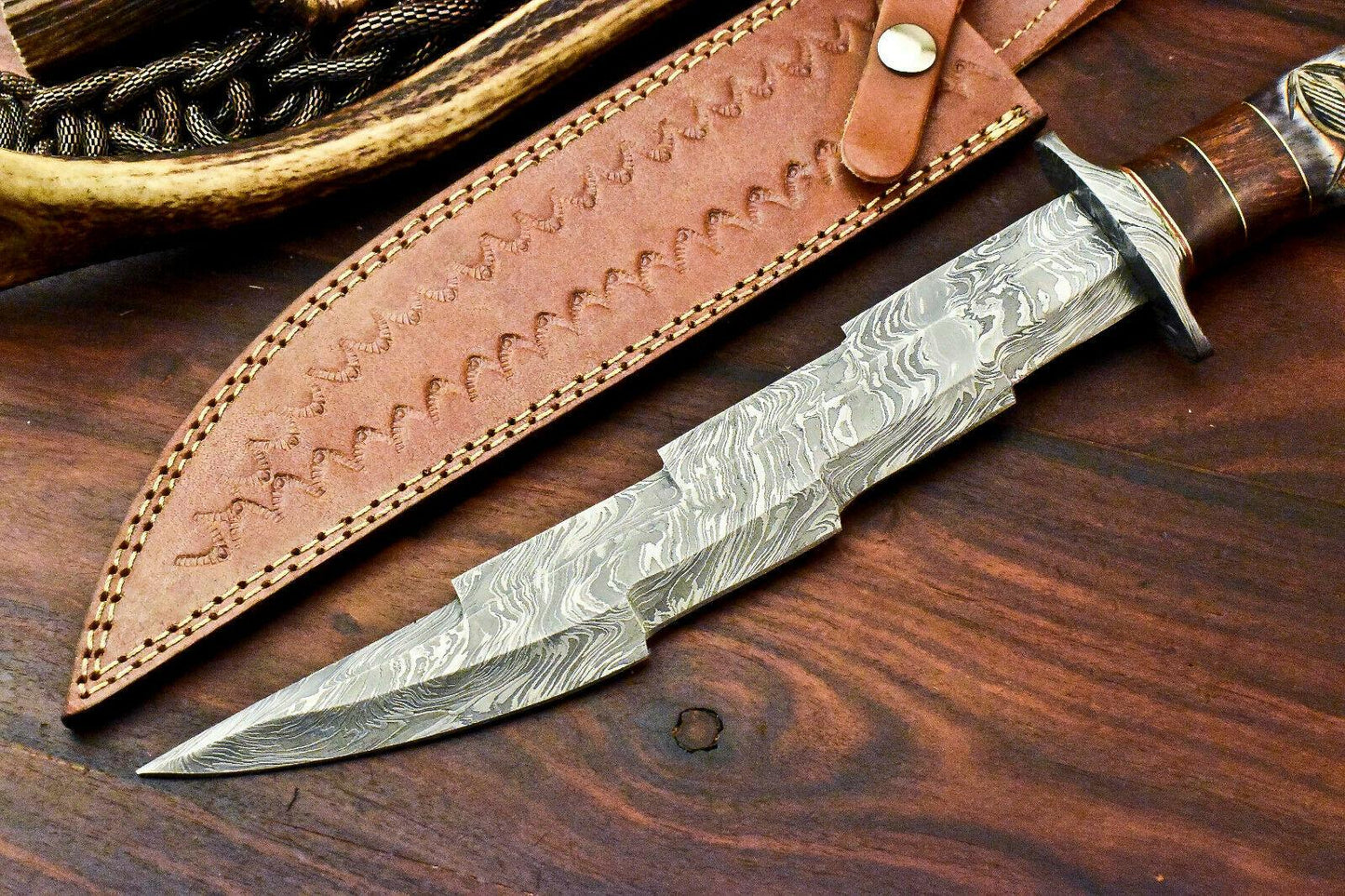Handmade Damascus Kris Blade Bowie Knife – 15" Camel Bone Handle Hunting Knife