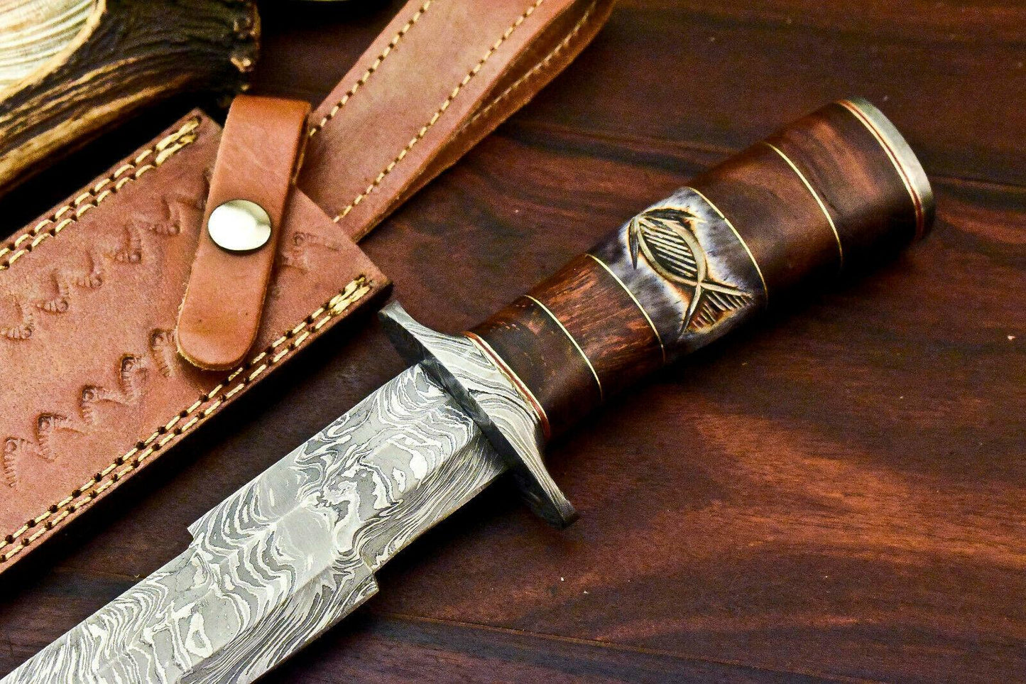 Handmade Damascus Kris Blade Bowie Knife – 15" Camel Bone Handle Hunting Knife