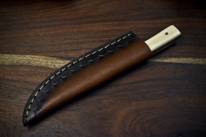 7.5" Twist Damascus Skinner Knife with Bone Handle Micarta Bolster Camping Blade