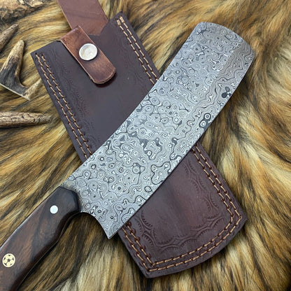 HAND MADE DAMASCUS STEEL CLEAVER CHEF KNIFE WITH WOOD HANDLE