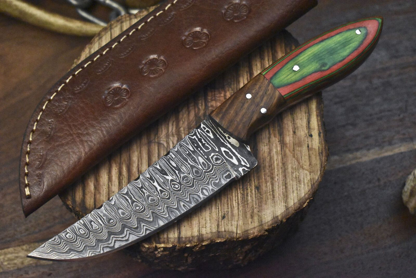 Hand Crafted Ladder Damascus Skinner Knife with Hardwood Handle for Hunting & Sports