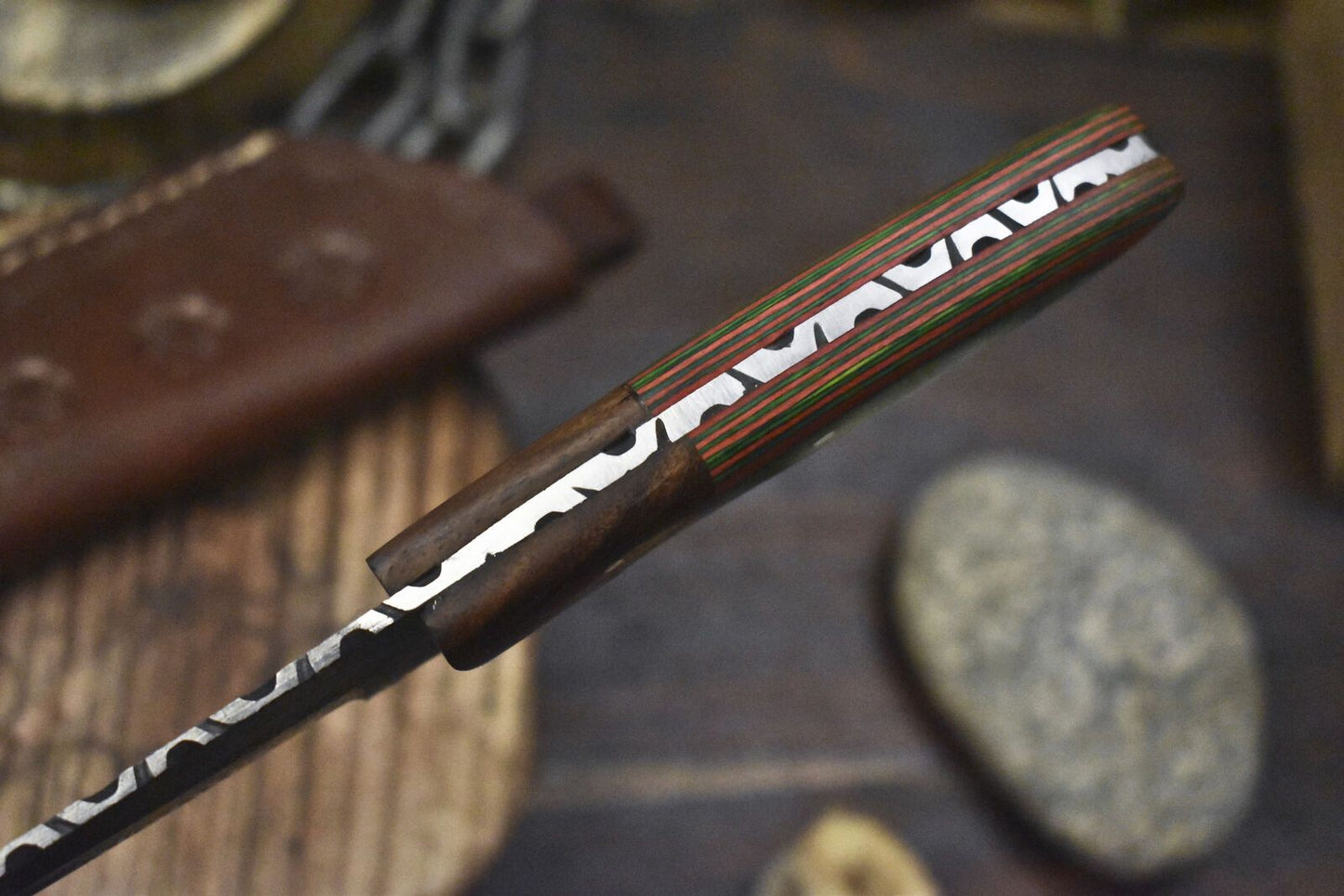 Hand Crafted Ladder Damascus Skinner Knife with Hardwood Handle for Hunting & Sports