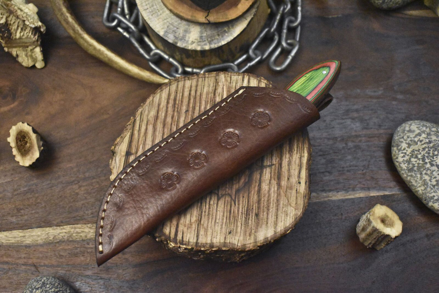 Hand Crafted Ladder Damascus Skinner Knife with Hardwood Handle for Hunting & Sports