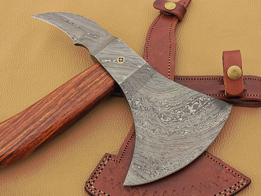 Handmade Damascus Steel Rosewood Viking Battle Axe Functional Full Tang Axe with Leather Sheath